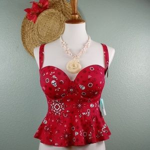 NWT Red Skull Swim Peplum Push-up Top only